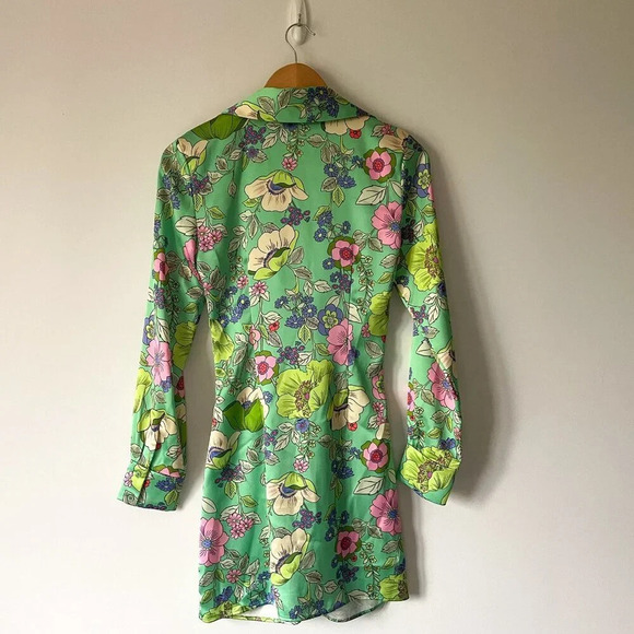 Zara Satin Effect Floral Long Sleeve Mini Dress Green Blogger Fav Size XS - Picture 8 of 10